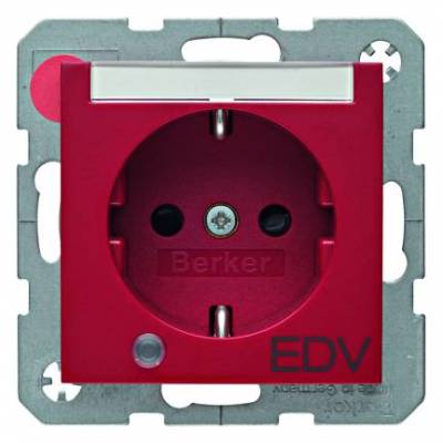 Gniazdo SCHUKO z lamką kontrolną, polem opisowym i nadrukiem; czerwony, połysk; S.1/B.3/B.7 Glas Numer katalogowy: 41108915